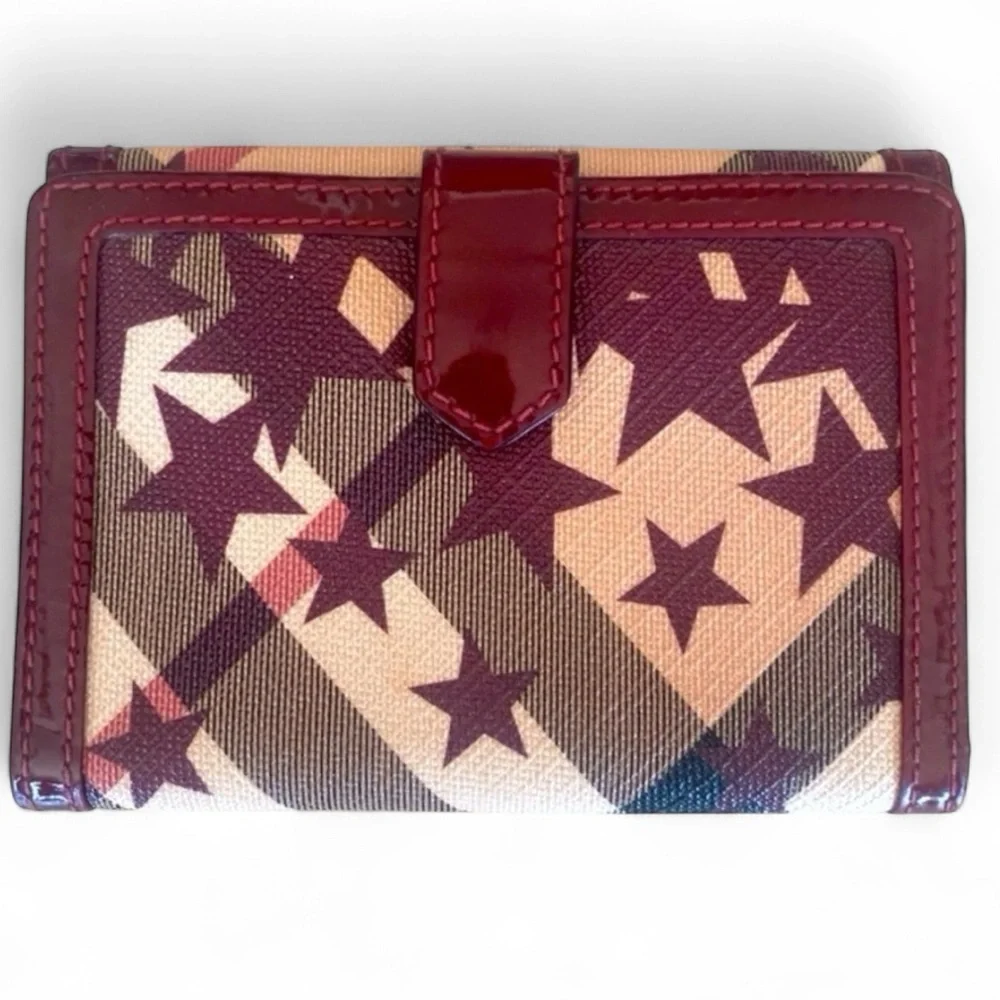 BURBERRY Maroon & Tan Star Print Canvas & Patent Leather Wallet, EUC